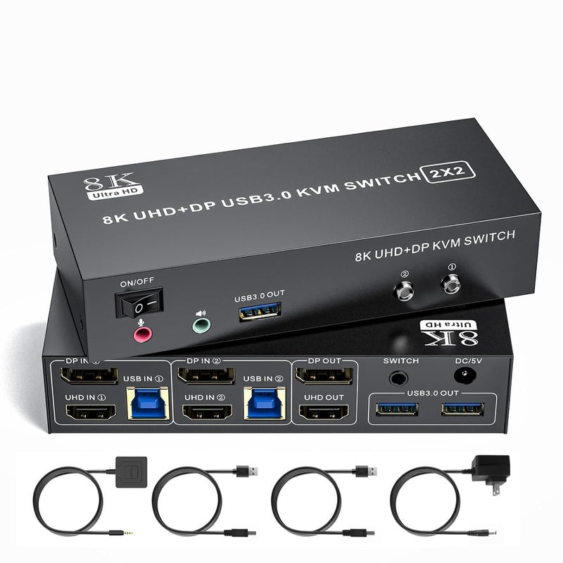 TaiLaiEra KVM Switch 2 Monitors 2 Computers 8K@60Hz/4K@120Hz HDMI+Displayport Dual Monitor KVM Switches 3 USB3.0 Ports for Sharing Keyboard Mouse Mic Headset with 2 USB-B Cable Power Adapter Desktop Controller - Image 1